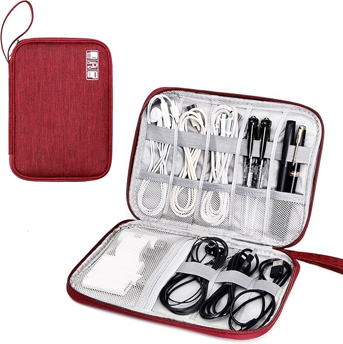 SELLYFELLY Travel Electronics Organizer Portable Cable Organizer Bag for Storage Electronic Accessories Case for Cord,Phone,Charger,Flash Drive (Wine Red)