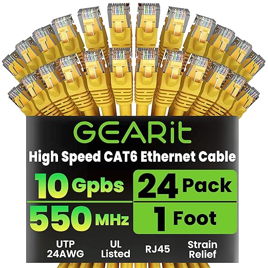 GearIT Cat 6 Ethernet Cable (24-Pack 1 Foot) Cat6 Network Patch, 10Gbps, RJ45, Snagless Cord, Gold-Plated Connectors, Internet for PC, TV, Tablet, Router, Printer, Servers, IT Data Center - Yellow