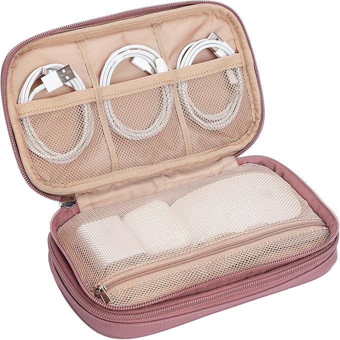 NISHEL Travel Cord Organizer Case, Double Layers Tech Electronic Bag, Essentials for Charger, Cable, Phone, Flash drive, Rose-wood Pink