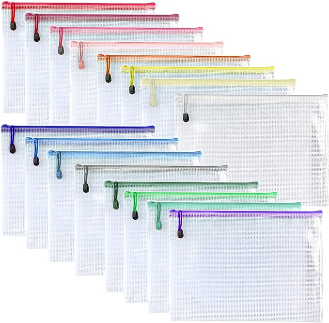 Oaimyy-16 Pcs-3"x 5"-Plastic Mesh Zipper Pouch Document Folders Bag Zipper Zip File Folders Puzzle Storage Bags for Office Supplies, Travel,Puzzles Games Organizing Storage-Multicolor