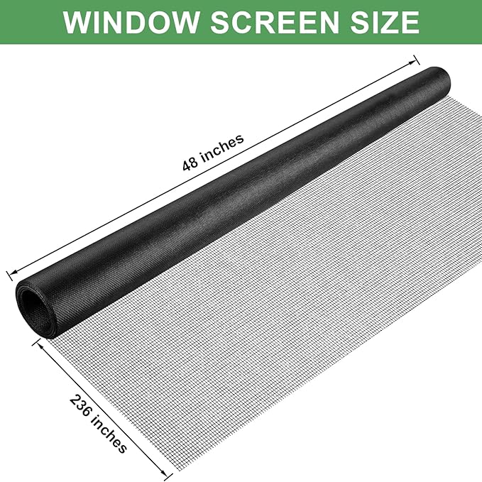 48"X236" Window Screen Replacement Kit, 6 in 1 Window Screen Door Repair Kit, Replacement Window Screens, Fiberglass Patio Screen Mesh for Porch Sliding Door, Rolling Tool Hook Spline Cutter Ruler