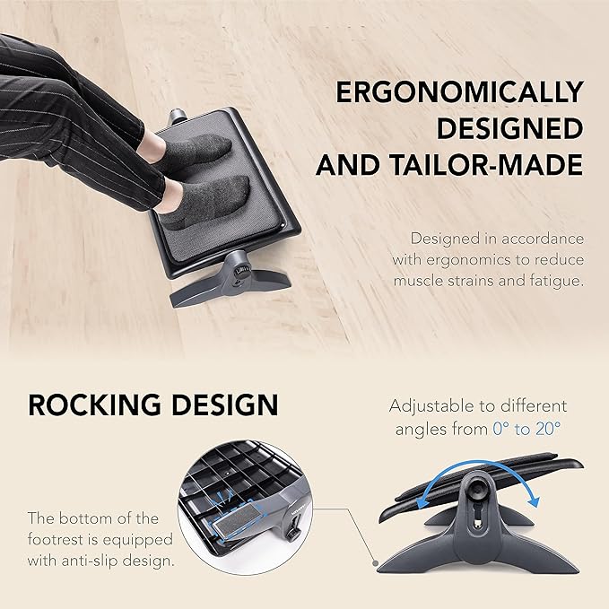 EHO Ottoman, Ergonomic Foot Rest for Under Desk, Adjustable Height and Angle, Sponge Platform, Anti-Slip, Ankle Support, Detachable Washable Cushion, Back and Leg Pain Relief, 21.6" L x 11.4" W, Black