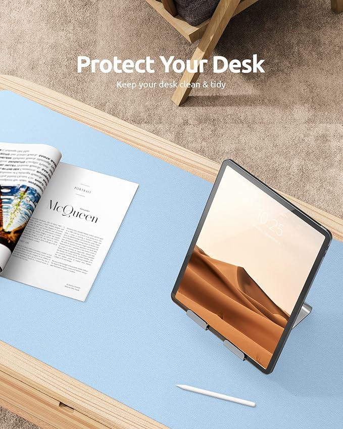 YSAGi Leather Desk Protector, Office Mat, Large Mouse Mat, Non-Slip PU Leather Blotter, Laptop Pad, Waterproof Writing Pad for Office and Home (Baby Blue, 23.6" x 13.8")