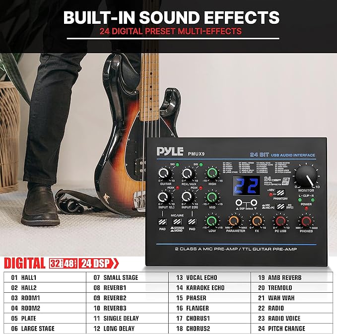 Pyle USB Audio Interface - MIC/LINE - Guitar - AUX Stereo & RCA Inputs - Preset 24 Digital Effects - Phantom Power - Phone/Stereo/Monitor/Headphone Outputs - For Computer Playing & Recording - PMUX9