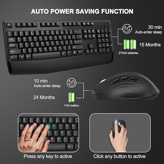 Wireless Keyboard and Mouse Combo, EDJO 2.4G Full-Sized Ergonomic Computer Keyboard with Wrist Rest and 3 Level DPI Adjustable Wireless Mouse for Windows, Mac OS Desktop/Laptop/PC (Dark Gray)