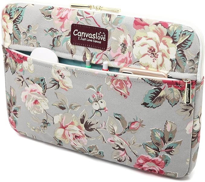Canvaslove Rose Pattern Canvas Laptop Sleeve Case Bag with Pocket for MacBook Pro 14 inch and 14 inch Laptop