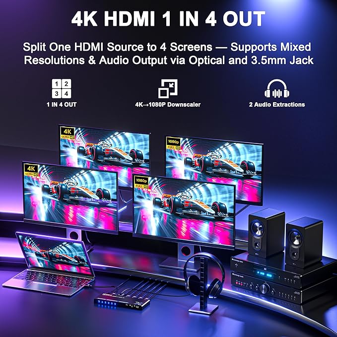 4K HDMI Splitter 1x4 with Audio Extractor, Downscaler & EDID, 4K@60Hz HDR HDMI 2.0 18Gbps HDMI Duplicator with TOSLINK & 3.5mm Stereo Out, Support HDCP 2.2 for TV, PS5, Xbox, Roku, Projector, Switch2