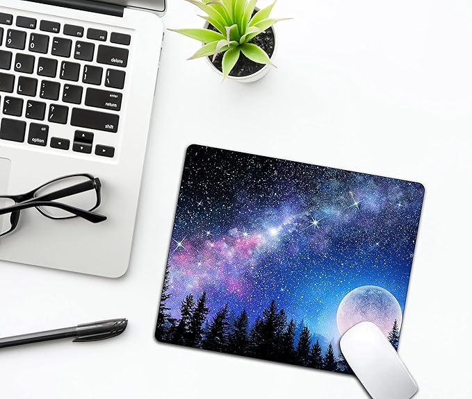Beautiful Galaxy Nebula Mouse Pad, Full Moon in Night Forest Mouse Pad for Design, Anti-Slip Rubber Base Wireless Mouse Pads for Laptop