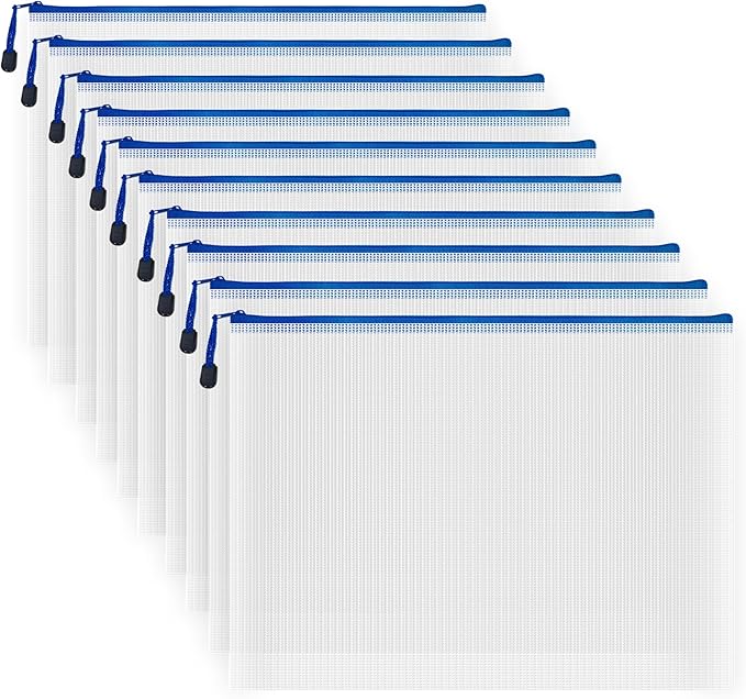 AUSTARK 10 Pcs Zipper File Bags, Waterproof Plastic Mesh Pouch for Office School, Board Game Storage Bags (B4 Size 15''x11'', White and Blue)