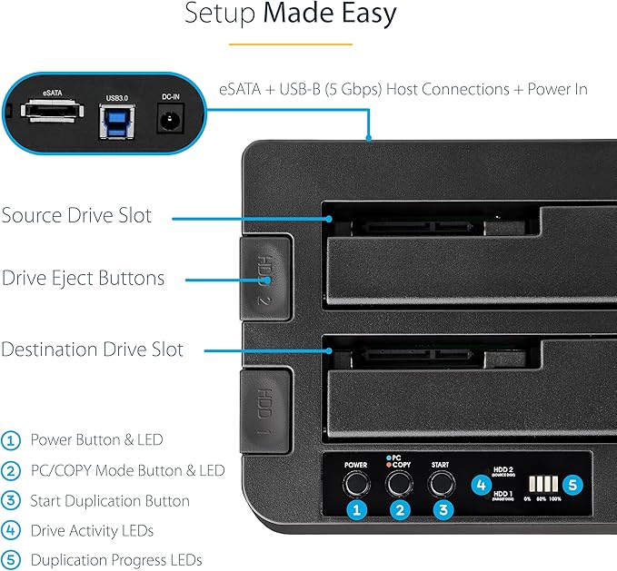 StarTech.com Standalone Hard Drive Duplicator, External Dual Bay USB 3.0 (5 Gbps) / eSATA to 2.5/3.5" SATA III HDD/SSD Cloner/Copier, Hard Disk Docking Station, Cloning/Recovery (SDOCK2U33RE),Black