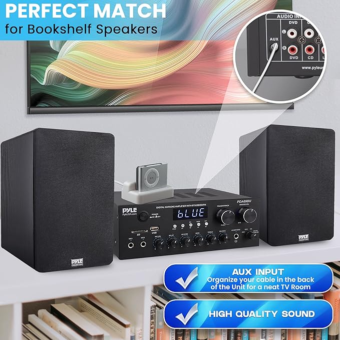 Pyle Stereo Amplifier Audio Receiver with Remote Control - Bluetooth Streaming, MP3/USB/SD/FM Radio, 2.0 Channel HiFi Sound System with RCA/Aux Inputs, Microphone & Headphone Jacks, Adjustable Bass