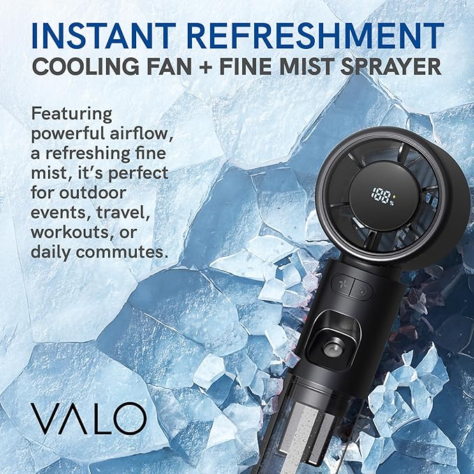 Valo Portable Rechargeable Fan - Mini Cooling Fan for Travel, USB Desk Personal Fan with 4 Speeds, 50ml Tank for Water Cooling Technology, Quiet Operation, 2,000 mAh Battery - Midnight Black