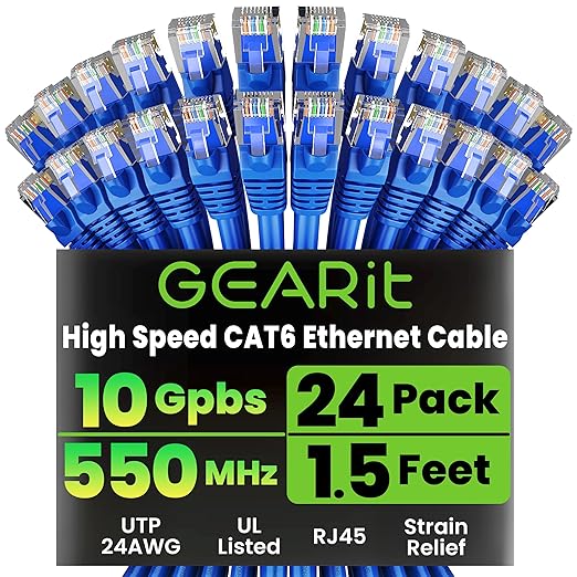 GearIT Cat 6 Ethernet Cable Pack - 24-Pack 1.5 ft Cat6 Ethernet Patch Cables | RJ45 Network Patch Cable, 10 Gbps Snagless Gold-Plated Connectors - Ethernet Cable Cat 6 for PC, TV, Router - Blue