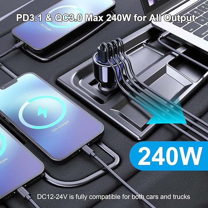 URVNS 240W USB C Car Charger, Super Fast Charging 4-Ports PD3.1 140W/PD3.0 100W PPS 45W QC65W Type-C Car Adapter for MacBook Pro Laptop iPhone 16 15 Max iPad Samsung Galaxy S24/23 Pixel etc