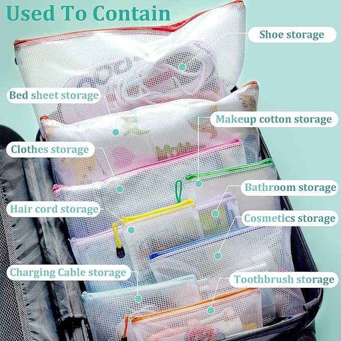 24pcs Mesh Waterproof Pouch Bags, 9 Sizes Clear Pouches, Organizer Bags With Zipper, 8 Colors for Travel & Toy Storage