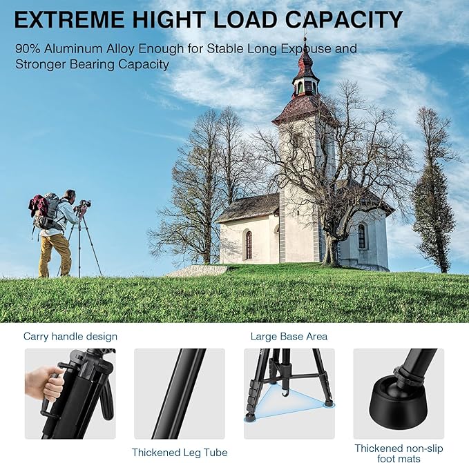 Tripod for Camera, 72" Tall Camera Tripod Monopod with Remote, Professional Heavy Duty Compact Camera Stand for Phone,DSLR, Spotting Scope, Telescope, Binocular