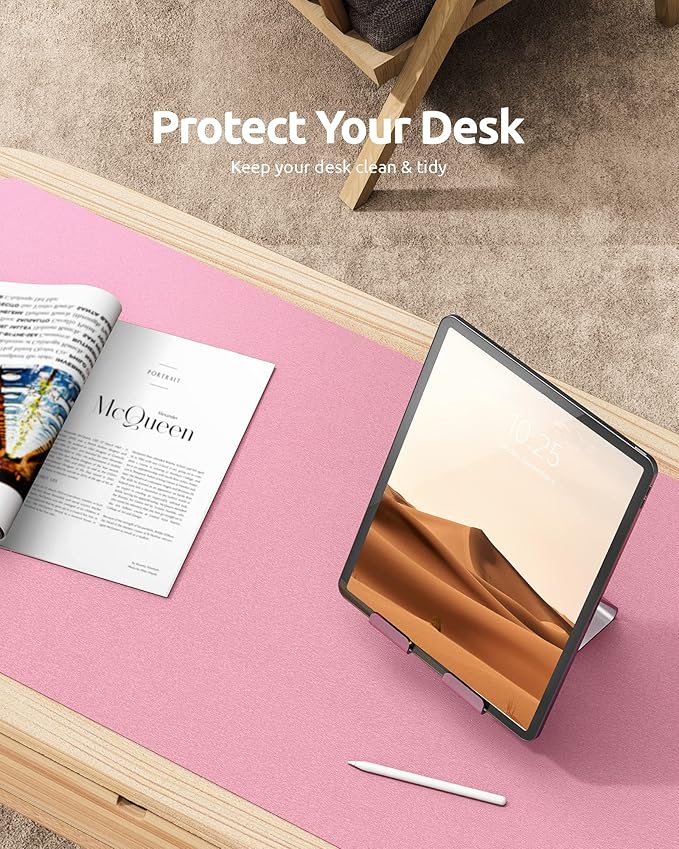 YSAGi Leather Desk Pad Protector, Large Mouse Pad, Non-Slip PU Leather Desk Blotter, Laptop Desk Pad/Mat, Waterproof Writing Pad for Office and Home (23.6" x 13.8", Pink)