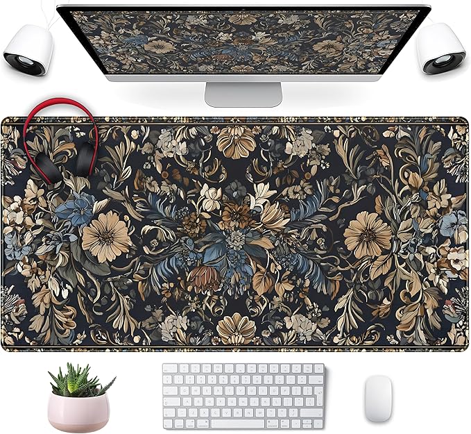 Vintage Floral Desk Mat Blue Wildflowers Mouse Pad Cottagecore Mousepad, XXL Large Extended Gaming Desk Matt for Desktop, Laptop Keyboard Mouse Mat for Women Office Decor Accessories, 31.5x15.75 in