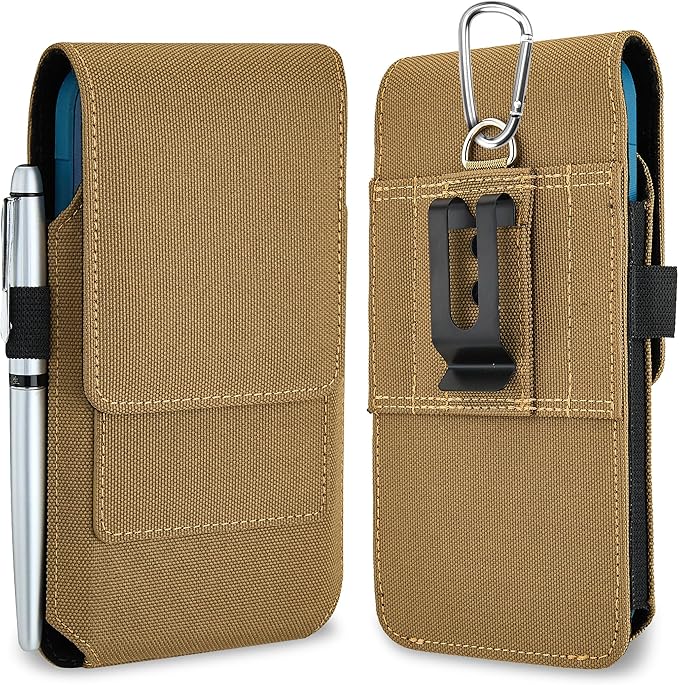 BECPLT for iPhone 17 Pro Max Air 16/15/14/13/12/11 Pro Max Nylon Cell Phone Pouch Holster Case with Belt Clip Cover Holder for Galaxy S25+ S24+ S23+ S22+ S21+ (Khaki)