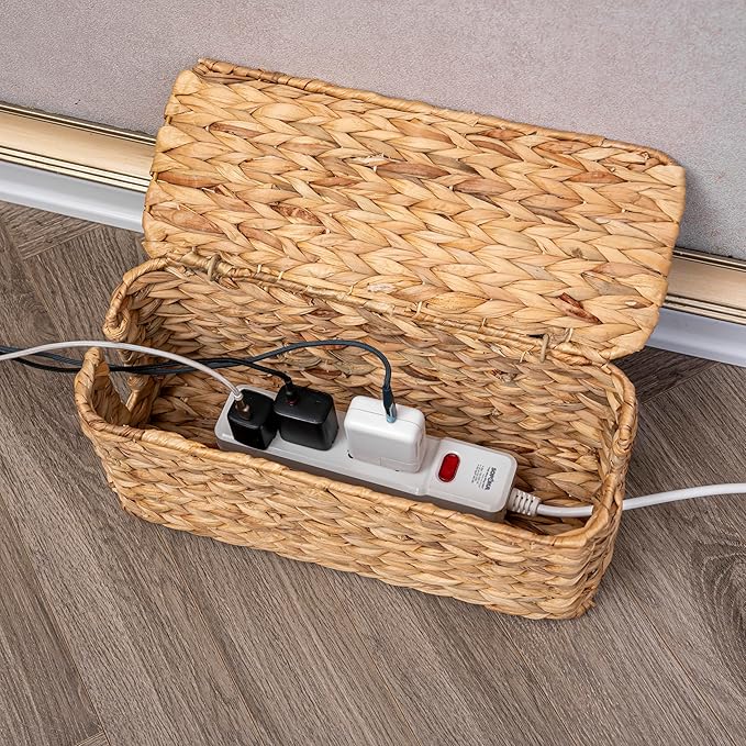 PEMAR Natural Wicker Cable Management Box, Cable Organizer, 2 Open Slots, Under Desk Cord Organizer, Cover & Hide Power Strips & Cords for TV Desk, Computer, Router, USB Hub (Natural Water Hyacinth)